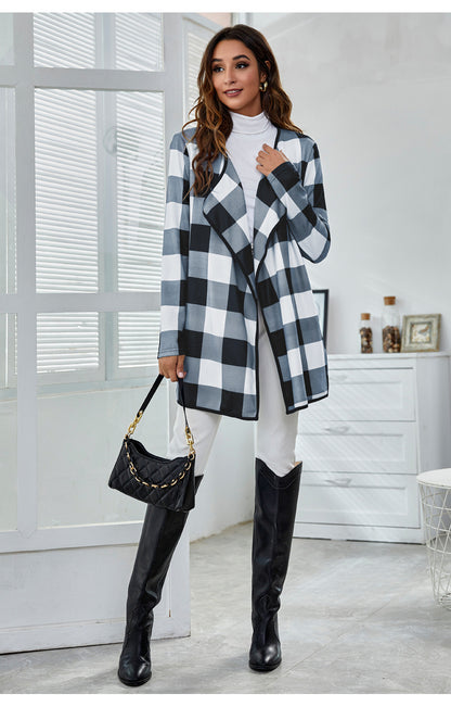 Casual Pocket Design Plaid Women Coats