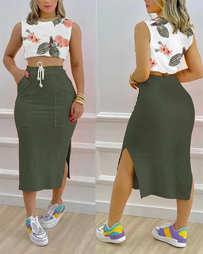Casual Women Two Pieces Suits Tops and Skirts