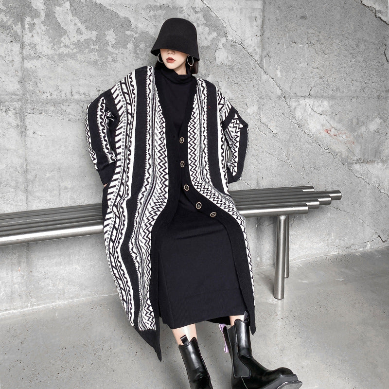 Casual Black Striped Long Knitting Cardigan Tops