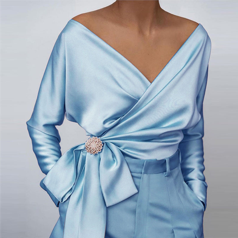 Sexy V Neck Satin Long Sleeves Tops for Women