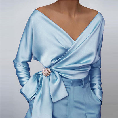 Sexy V Neck Satin Long Sleeves Tops for Women