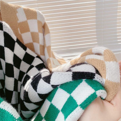 Women Chessboard Print Loose Knitting Cardigans