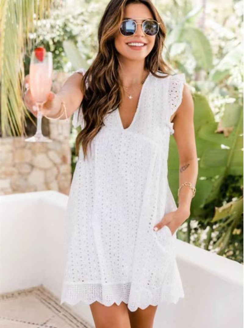 Summer Lace Hollow Out Sleeveless Daily Sun Dresses