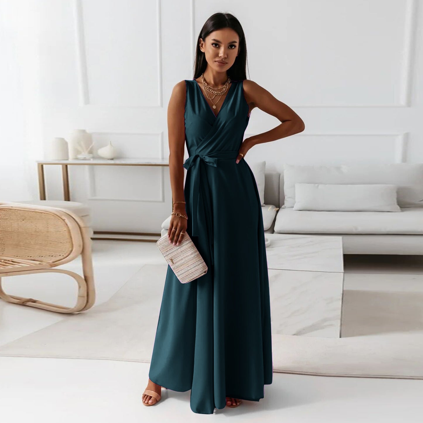 Simple Design V Neck Long Evening Party Dresses