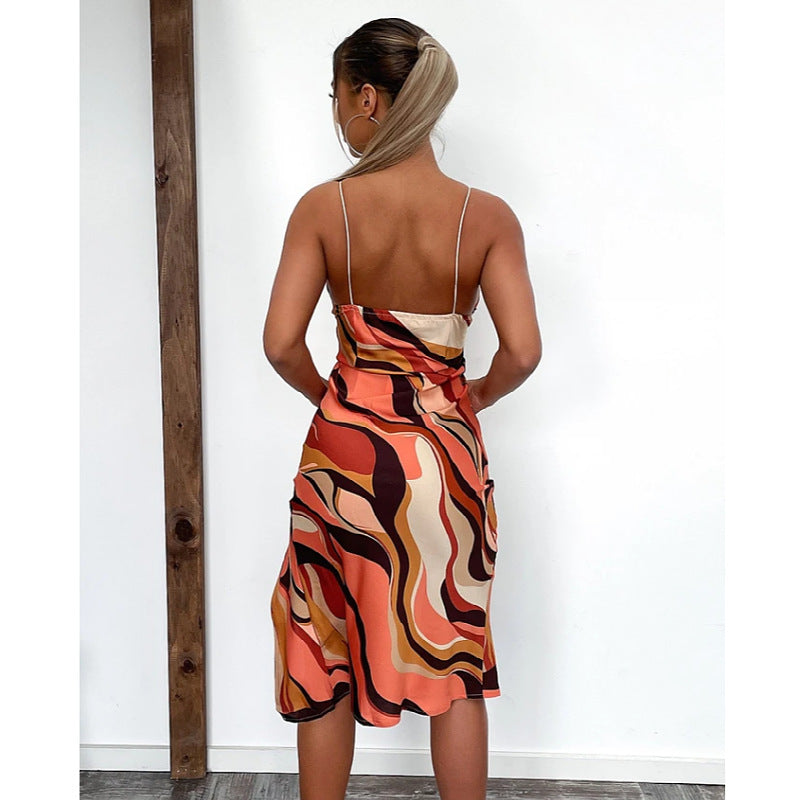 Sexy Geometry Print Suspender Irregular Women Dresses