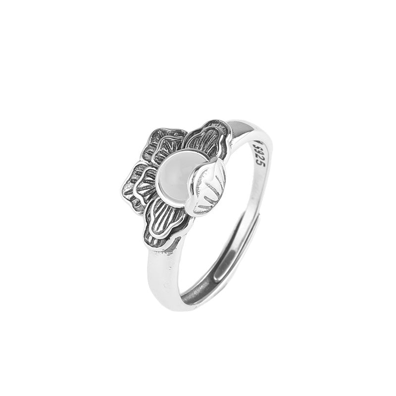 Retro Peony Designed Agate Sterling Silver Rings for Women