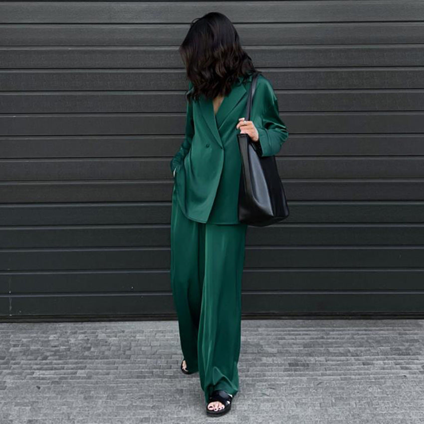Casual Long Sleeves Blazers and Pants Green Fall Outsuits