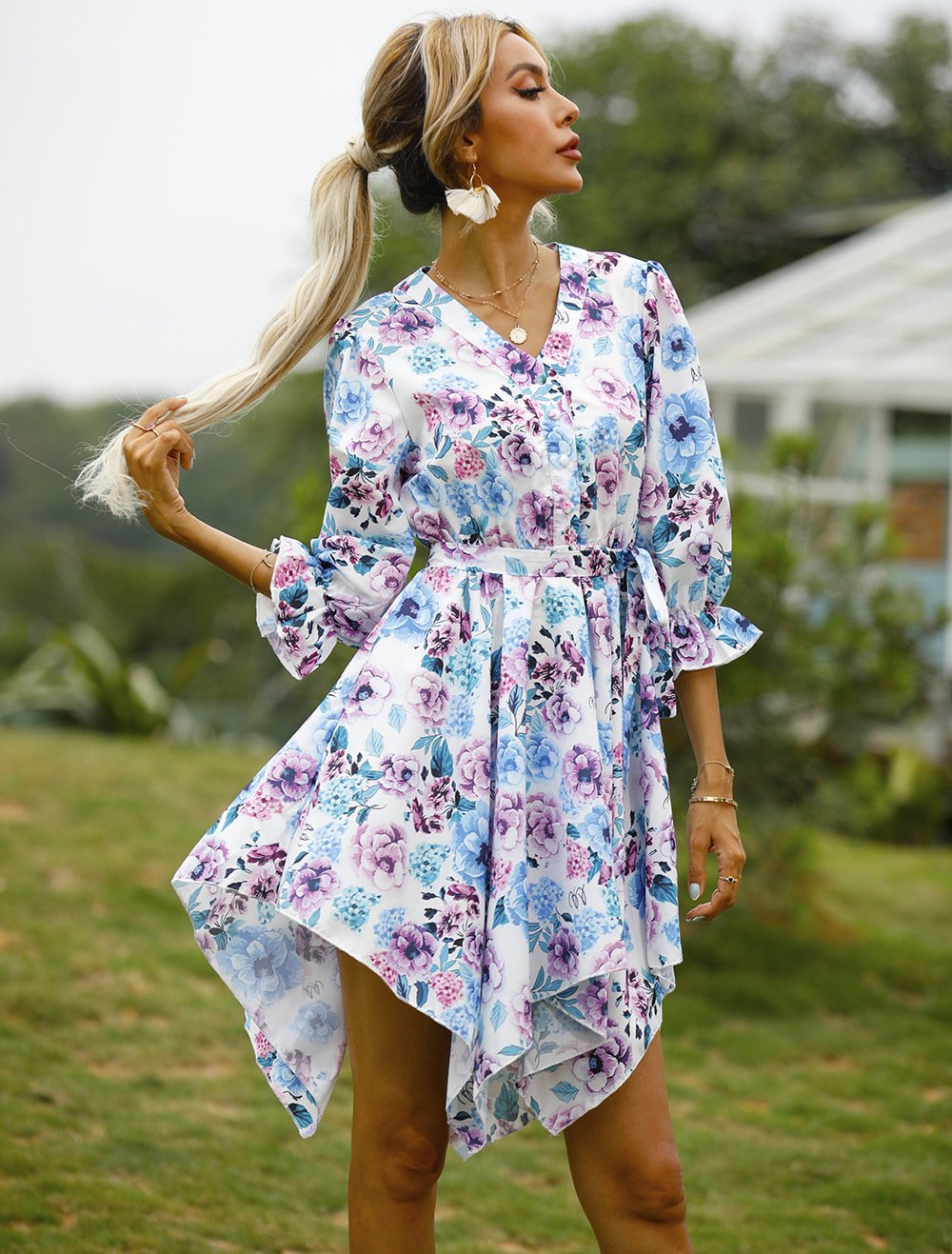 Women Summer Half Sleeves Mini Dresses-STYLEGOING