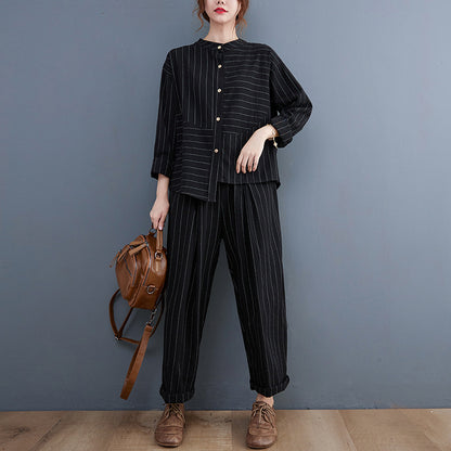 Vintage Striped Linen Plus Sizes Two Pieces Suits