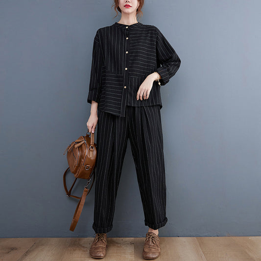 Vintage Striped Linen Plus Sizes Two Pieces Suits