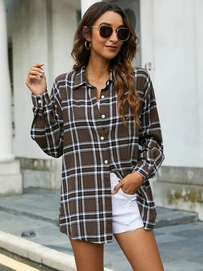 Casual Turnover Collar Plaid Long Sleeves Women Shirts