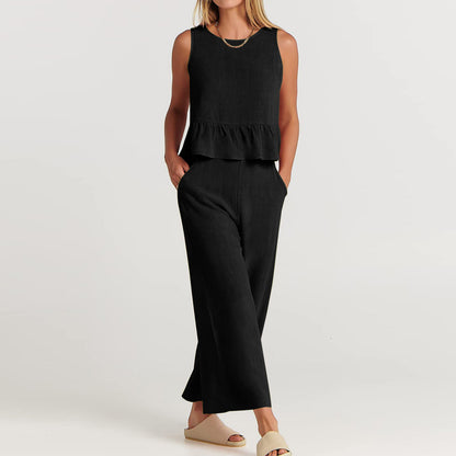 Summer Sleeveless Linen Two Pieces Women Suits