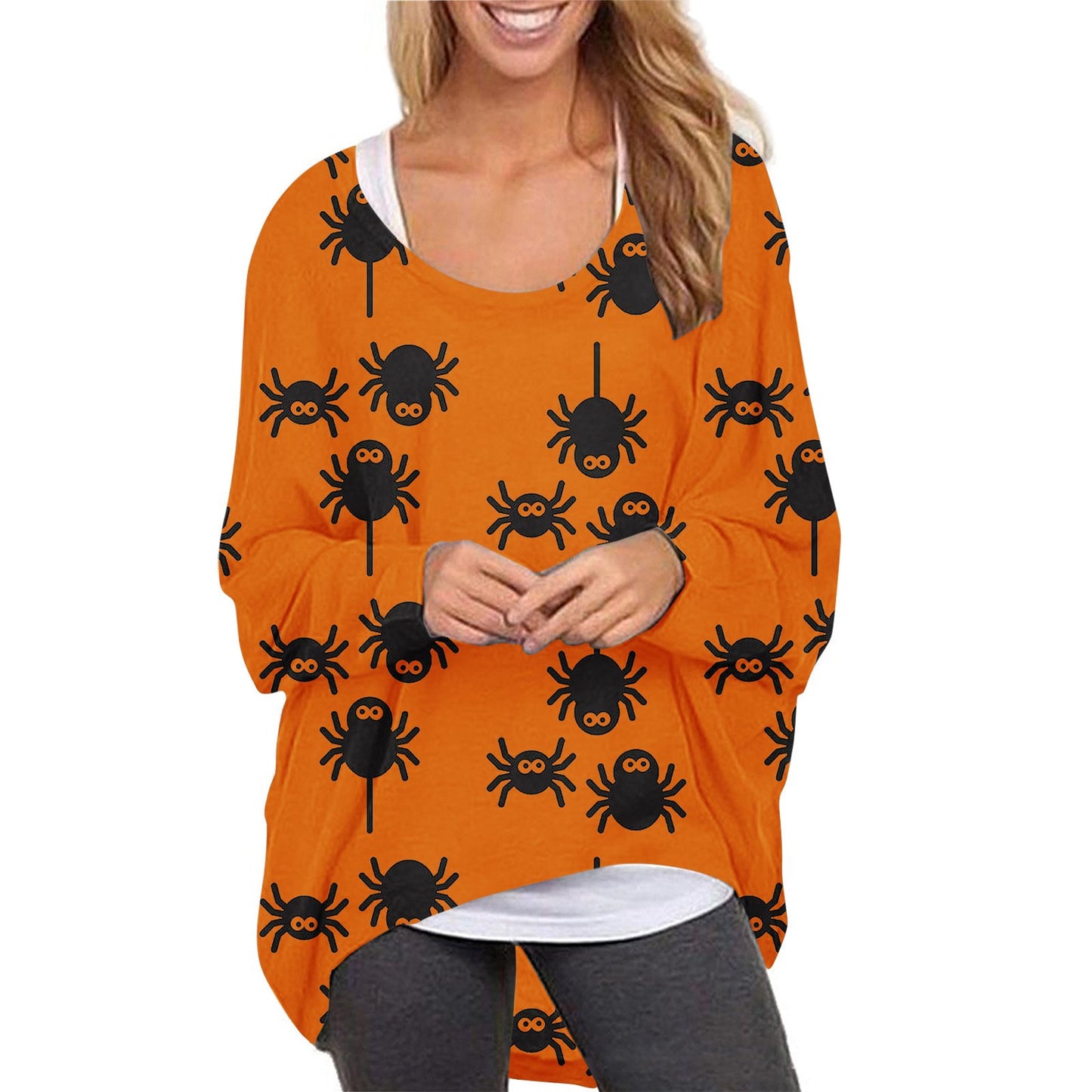Women Halloween Pumpkin Print Long Sleeves Tops-STYLEGOING