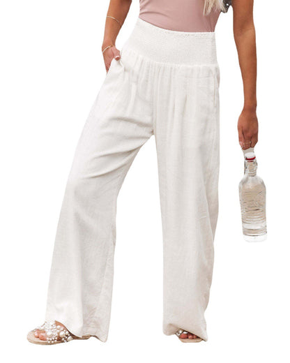 Casual Elastic Waist Linen Wide Legs Pants