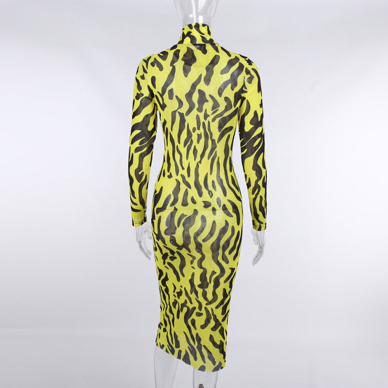 Sexy High Neck Yellow Leopard Long Sleeves Women Dresses