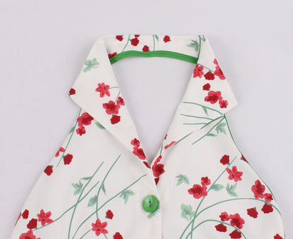 Halter Backless Floral Print Midi Length Dresses-STYLEGOING