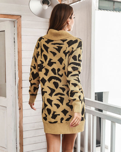 Leopard Turtleneck Knitting Sweater Dresses for Women