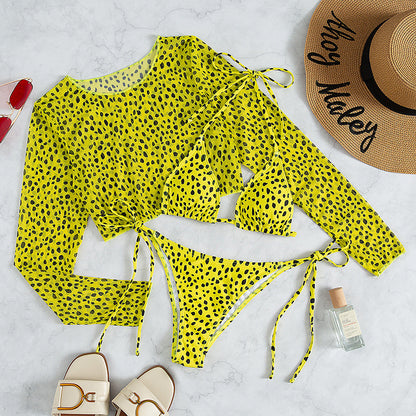 Sexy Long Sleeves Leopard Three Pieces Women Bikinis Swimwear