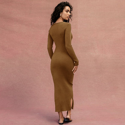 Sexy Square Neckline Long Sleeves Knitting Long Dresses
