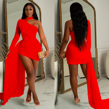 Sexy Feather Design One Shoulder Evening Party Dresses