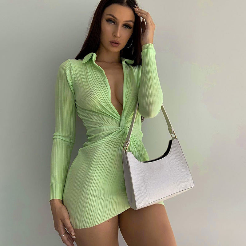 Sexy Polo Neckline Long Sleeves Mini Dresses