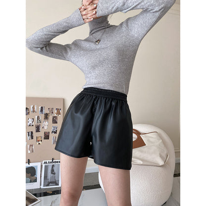Black Pu Leather High Waist Shorts for Women