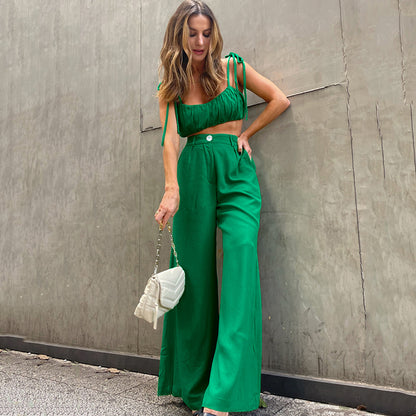 Sexy Summer Cotton Green Crop Tops and Pants Sets