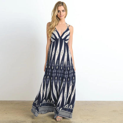 Summer Women V Neck Backless Long Maxi Dresses-STYLEGOING