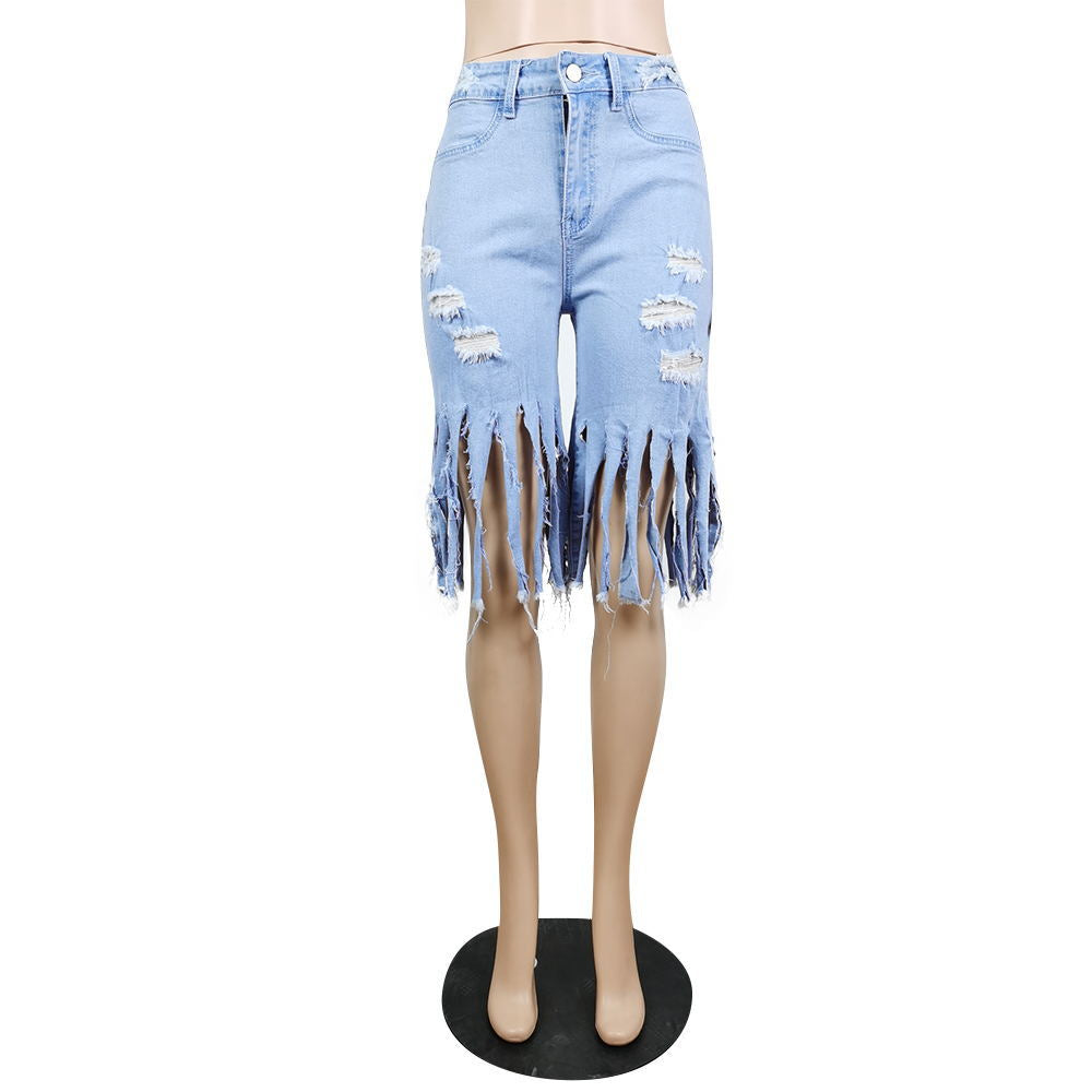 Casual Broken Holes Tassels Short Jeans