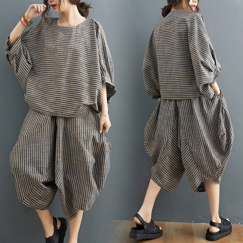 Linen Striped Plus Sizes 2pcs Women Summer Outfits