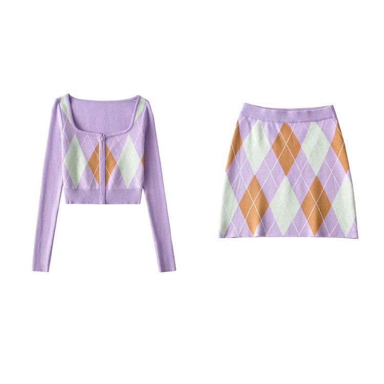 Elegant Midriff Baring Short Tops and Mini Knitting Skirts