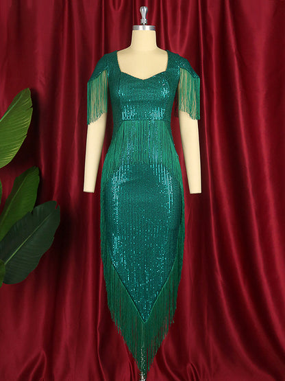 Designed Green Tassels Plus Sizes Party Dresses