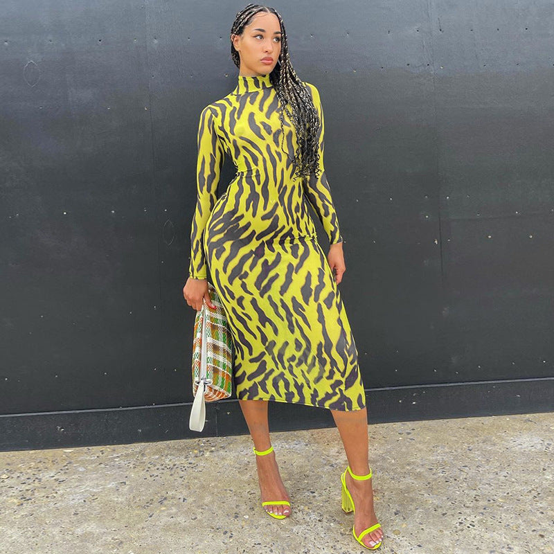 Sexy High Neck Yellow Leopard Long Sleeves Women Dresses