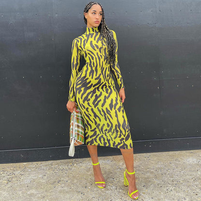 Sexy High Neck Yellow Leopard Long Sleeves Women Dresses