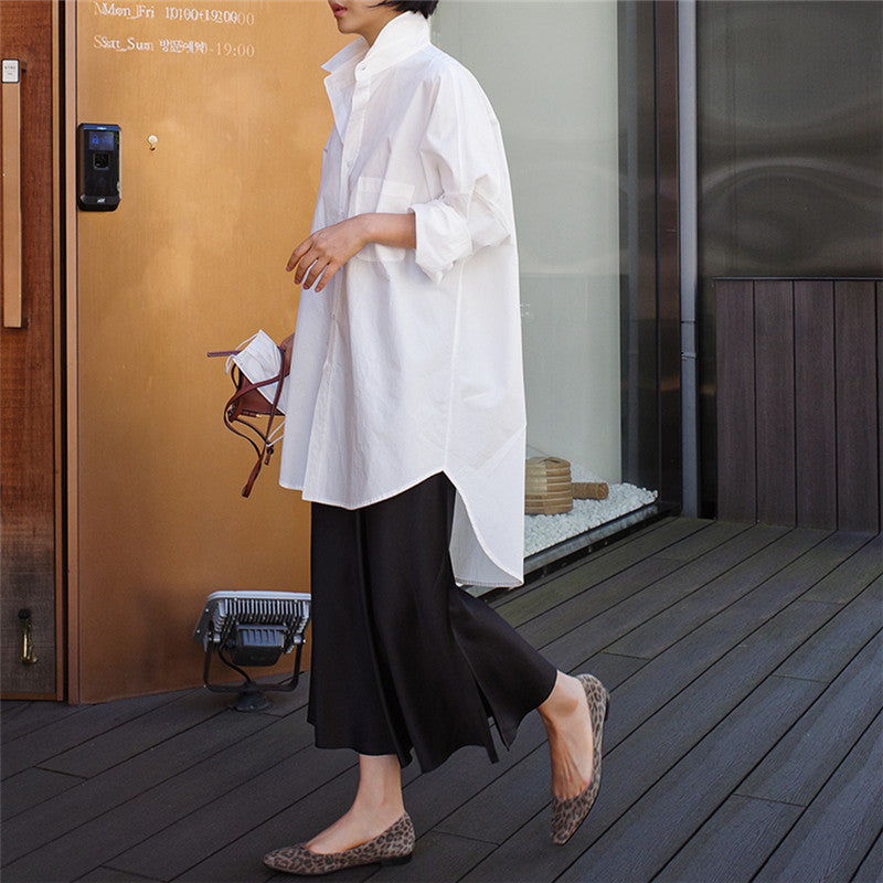 Casual Cotton White Midi Length Women Long Sleeves Shirts