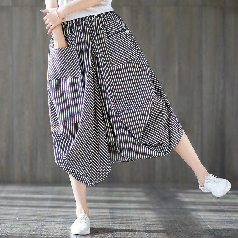 Summer Striped Elastic Waist Lantern Pants