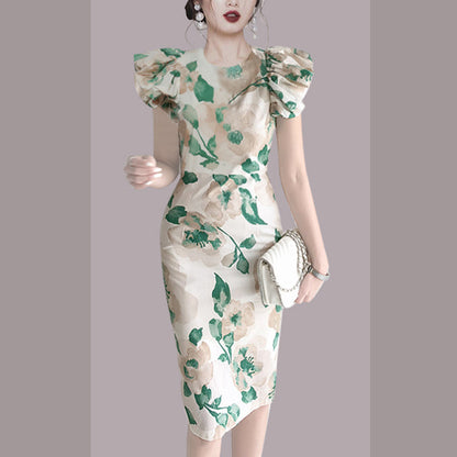 Elegant Summer Round Neck Green Leaf Women Sheath Dresses