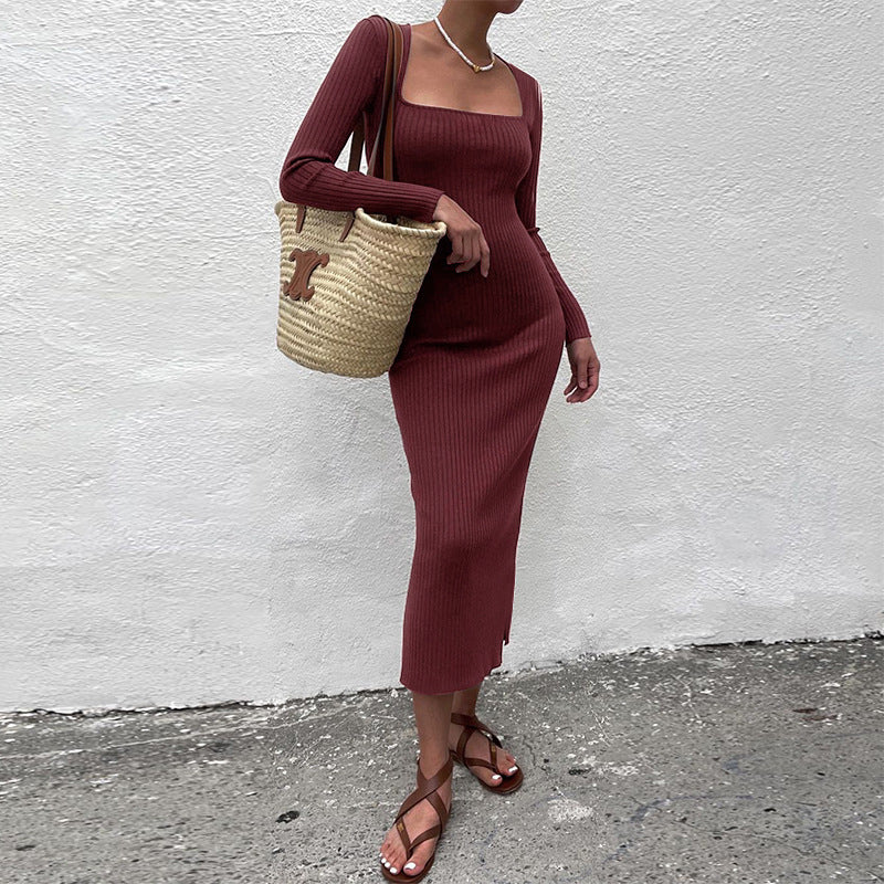 Sexy Square Neckline Long Sleeves Knitting Long Dresses
