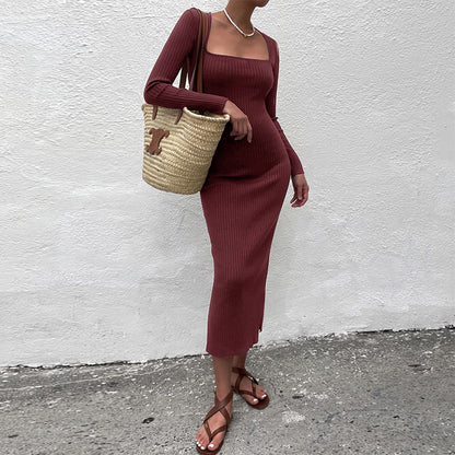 Sexy Square Neckline Long Sleeves Knitting Long Dresses