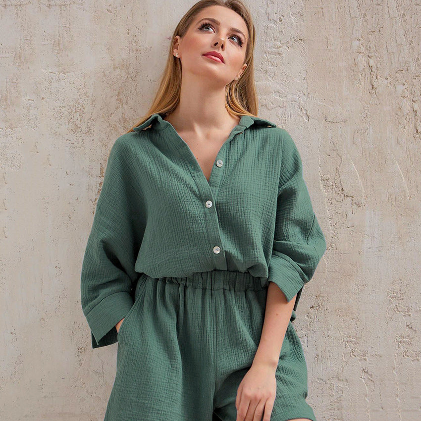 Women Cotton Two Pieces Shirts and Crop Shorts Sets