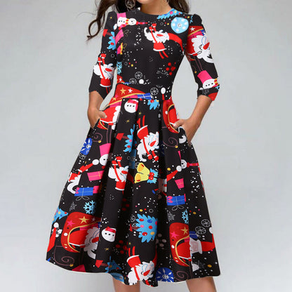 Merry Christmas Round Neck 3/4 Length Short Dresses