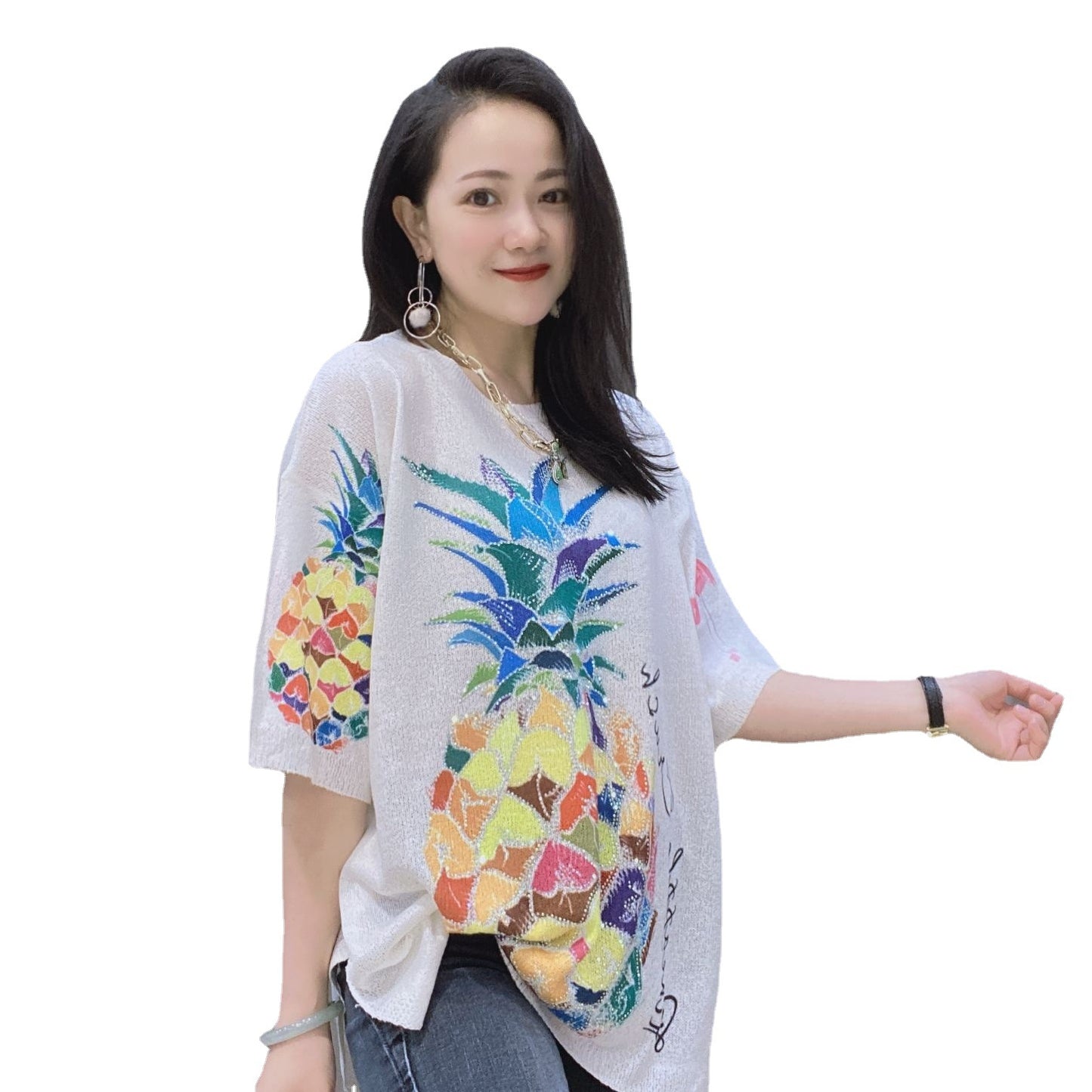 Summer Short Sleeves Diamond Pineapple Designed Knitting T Shirts