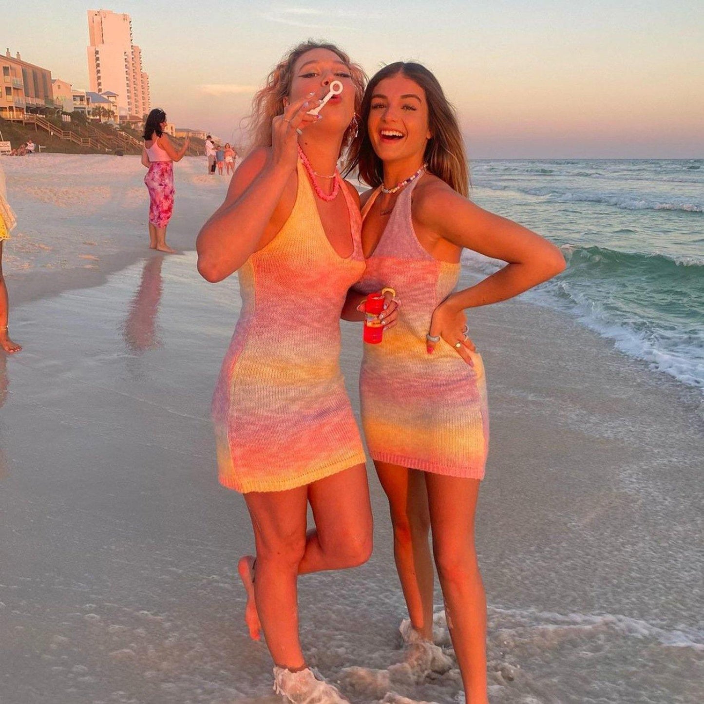Sexy Deep V-neck Rainbow Knitting Dresses-STYLEGOING