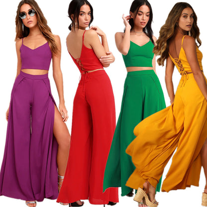 Sexy Women Summer High Waist Tops and Wide Leg Pants