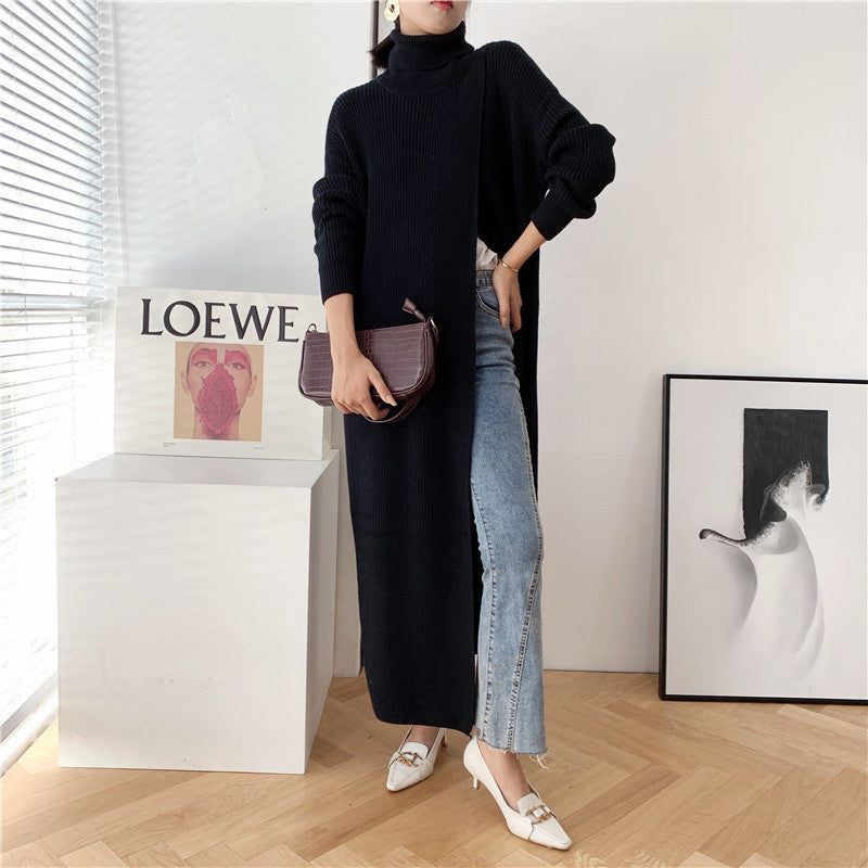 Designed High Neck Split Knitted Pullover Long Dresses