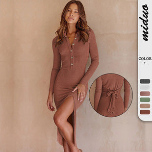 Elegant Button Design Long Sleeves Dresses
