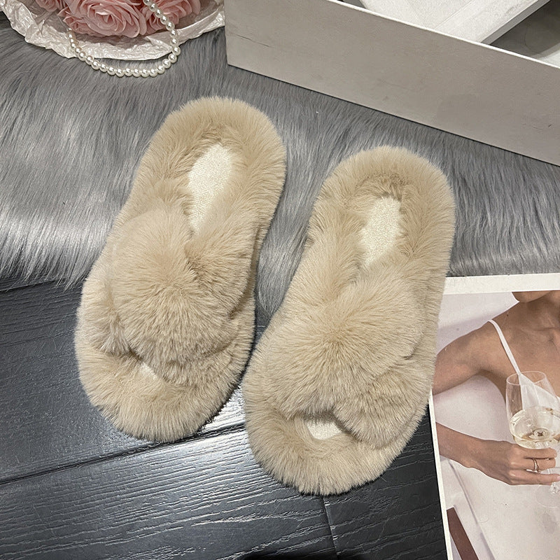 Crossed Plush Winter Slippers for Women