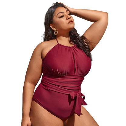 Wine Red Halter Plus Sizes Swimwear-STYLEGOING