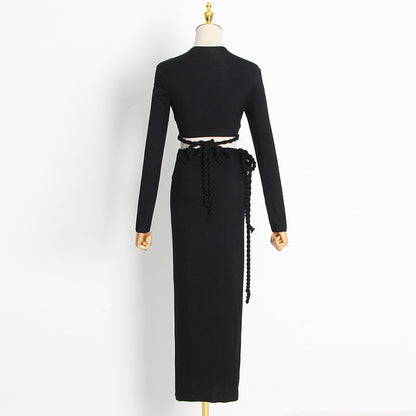 Sexy V Neck Long Sleeves Top and Split Front Skirt Sets