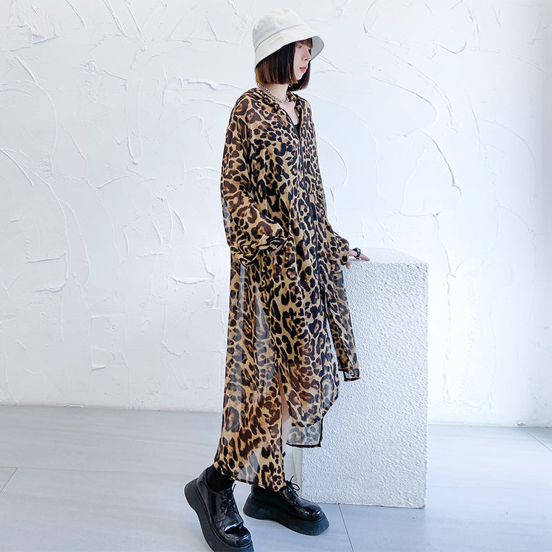 Summer Chiffon Leopard Women Long Sun-proof Tops